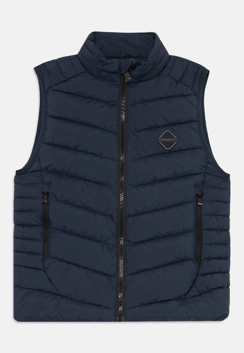 Gilet sans manches matelassé bleu marine avec zip avant, deux poches latérales zippées et logo en forme de diamant Hackett sur la poitrine.