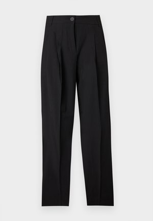Black tailored trousers featuring a high waist, pleats, and a button closure. Made of a smooth fabric with straight legs and no visible patterns.