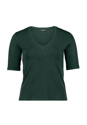 Dark green V-neck T-shirt with elbow-length sleeves and a fitted cut, displayed on a white background.