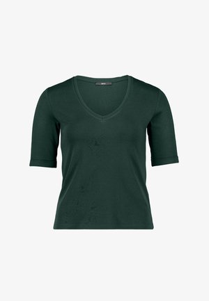 Donkergroen V-hals T-shirt met ellebooglange mouwen en een nauwsluitende pasvorm, weergegeven op een witte achtergrond.