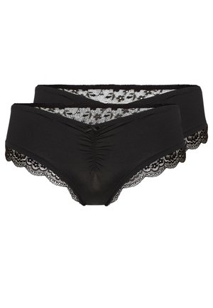 Black hipster underwear featuring a smooth front, lace trim along the waist, and a textured ruched detail at the center.