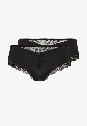 Schwarze Hipster-Unterwäsche mit glattem Vorderteil, Spitzenbesatz entlang der Taille und einer strukturierten gerafften Detailmitte.