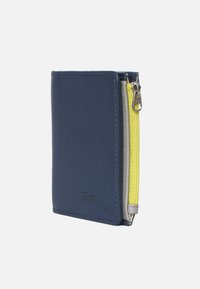 Navy blue leather wallet with a textured surface and a yellow zippered compartment. Features a subtle logo and a compact, rectangular design.