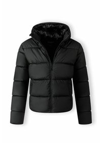 Chaqueta de plumas negra con cremallera frontal, capucha y diseño acolchado. Presenta una textura suave y puños elásticos para mayor calidez y comodidad.
