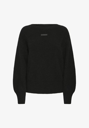 Čierny sveter s voľným strihom, rebrovanou textúrou a dlhými rukávmi. Na prednej časti pri výstrihu má nenápadný detail s logom.