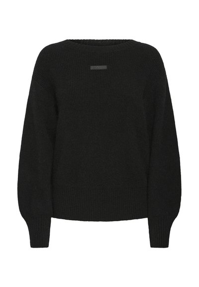 Fekete pulóver laza szabással, bordázott textúrával és hosszú ujjakkal. Az elülső nyakrészen finom logórészlet található.