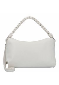Sac à main en cuir blanc avec une poignée tressée et une bandoulière réglable. Texture lisse, forme rectangulaire, design minimaliste avec un branding subtil.