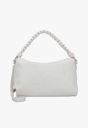 Weiße Leder-Handtasche mit geflochtenem Griff und verstellbarem Tragegurt. Glatte Textur, rechteckige Form, minimalistisches Design mit subtiler Markenkennzeichnung.