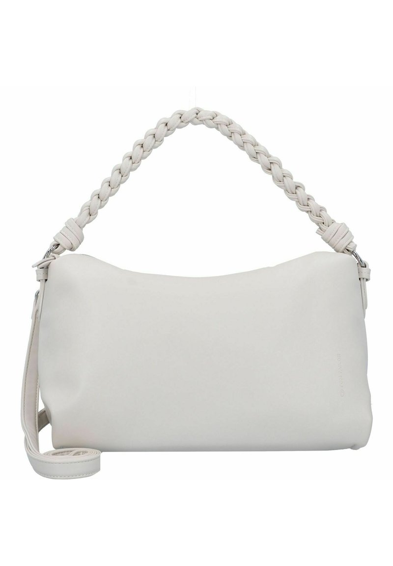 Sac à main en cuir blanc avec une poignée tressée et une bandoulière réglable. Texture lisse, forme rectangulaire, design minimaliste avec un branding subtil.