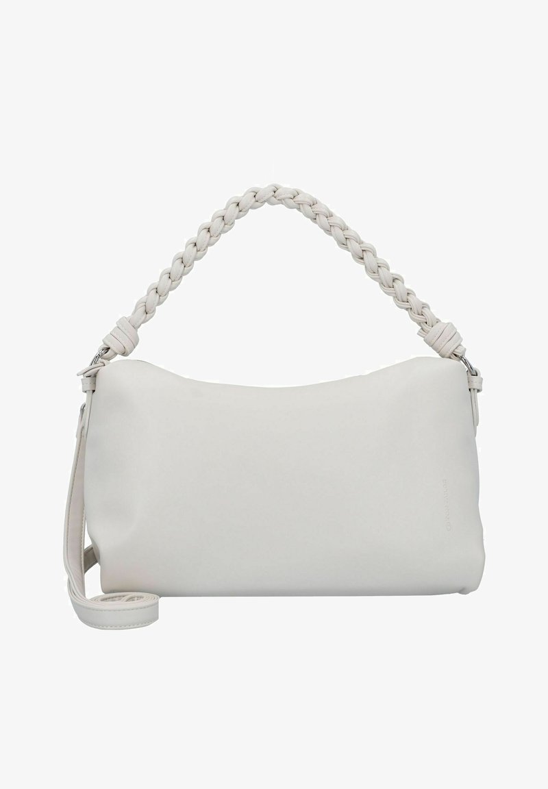Witte leren handtas met een gevlochten handvat en een verstelbare schouderband. Gladde textuur, rechthoekige vorm, minimalistisch ontwerp met subtiele branding.