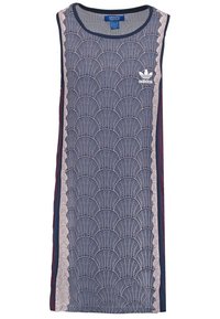 Námořnické tankové šaty s texturovaným bílým vzorem ve tvaru vějíře, s kulatým výstřihem, bez rukávů a logem Adidas na hrudi.