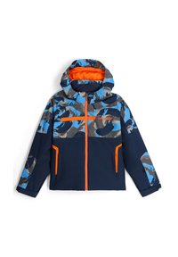 Marineblaues Jacket mit Kapuze, das ein graues und blaues abstraktes Muster aufweist, orangefarbene Akzente, einen frontalen Reißverschluss und zwei Seitentaschen hat.