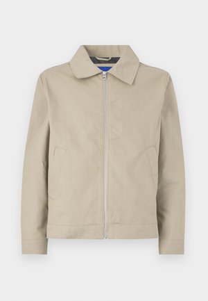 Beige, lightweight jacket featuring a collar, zip front, and side pockets. Made of smooth fabric, with a clean, minimalist design.