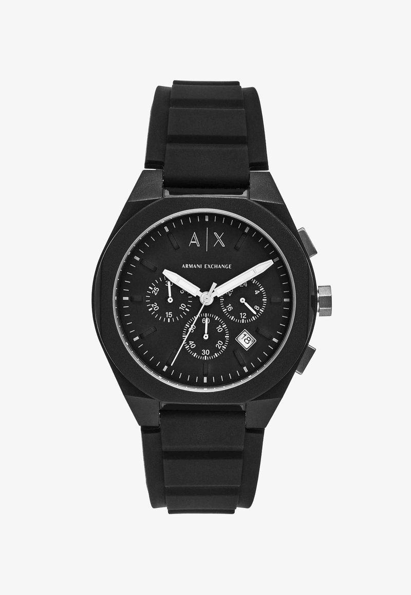 Sort Armani Exchange armbåndsur med silikonerem, tre underskiver, hvide visere og datovisning kl. 4.