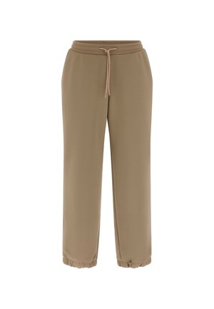 Beige Sweatpants mit elastischem Bund und verstellbarem Kordelzug. Abgesteppte Bündchen und eine glatte, leichte Stoffstruktur.