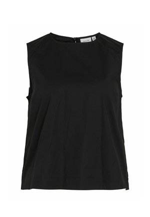 Blusa nera senza maniche con scollo rotondo, orlo dritto e piccola chiusura con bottone sul retro del collo.