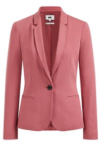 Blazer z jemné růžové tkaniny, který má přiléhavý střih, klopové límce, zapínání na jeden knoflík a dvě přední kapsy. Hladká struktura.