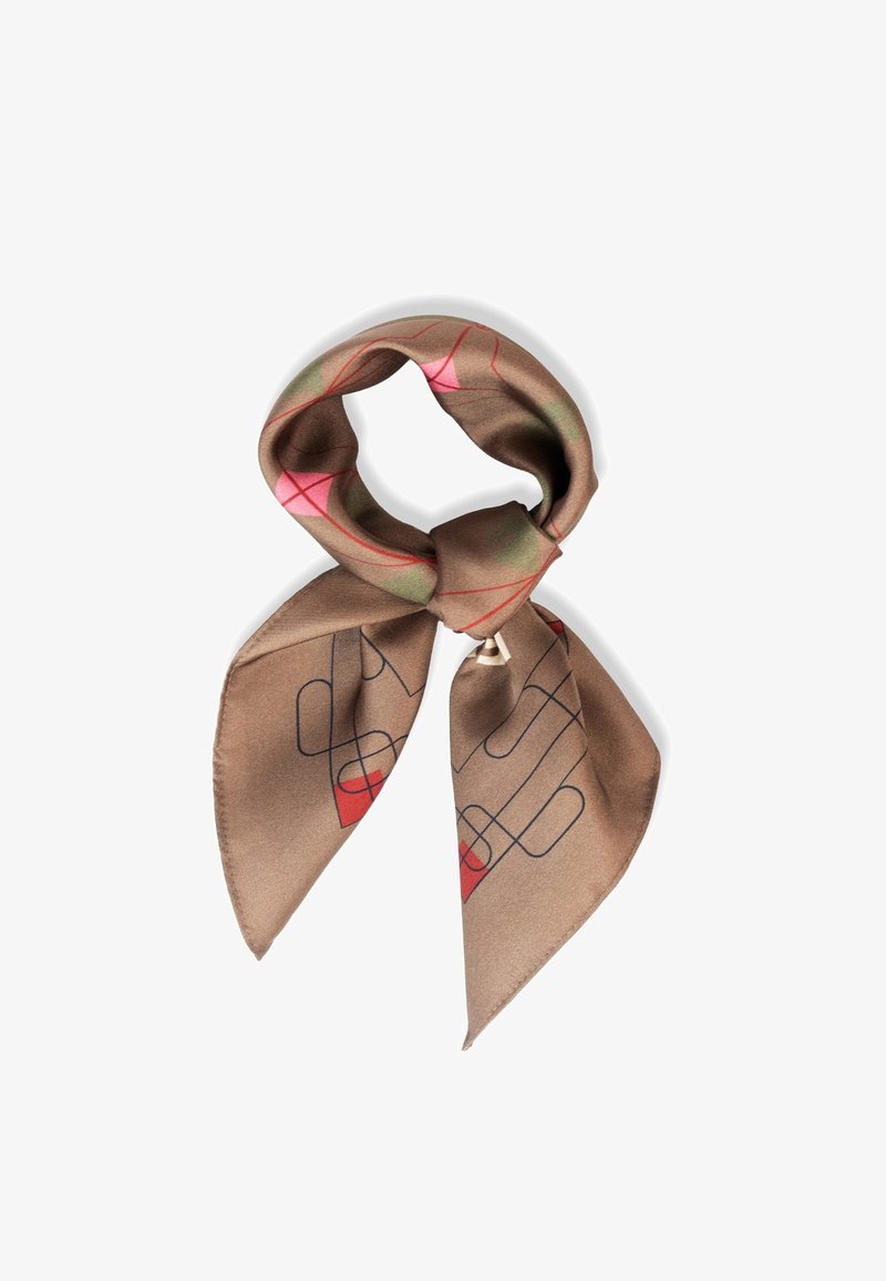 Brun silkesjal med abstrakte mønstre i rødt og grønt, med spisse ender og glatt tekstur. Vriset sammen til en løkkefasong.