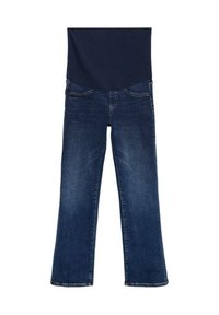 Jeans de culoare albastru închis, cu o ușoară evazare, fabricate din denim. Caracteristicile includ buzunare frontale, brațe pentru curea și un finisaj curat la tiv.