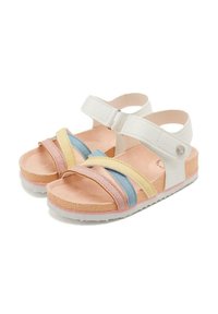 Sandalias infantiles con correas sintéticas blancas, con detalles de tela en rosa, amarillo y azul en la plantilla. Suela de goma texturizada para mayor agarre.