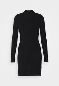 Rochie neagră, cu mâneci lungi, dintr-un material texturat cu dungi, având un guler înalt. Formă ajustată, se termină deasupra genunchilor, punând în evidență un design simplu.