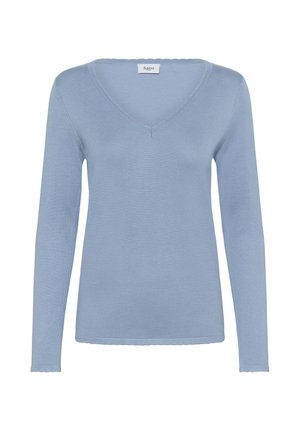 Svetlomodrý sveter s dlhými rukávmi a véčkovým výstrihom, vyrobený z jemného mäkkého úpletu s rebrovanými detailmi a vlnitým lemom. Na štítku je nápis "Saint."