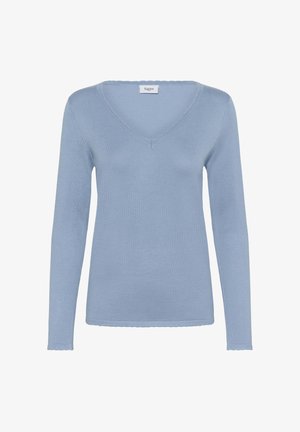 helehelesinine, pikkade varrukatega V-kaelusega kampsun, valmistatud pehmest ja peenest koest, soonikdetailide ja lainelise äärega. Sildil on kiri "Saint."