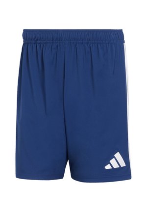 Blaue Sportshorts mit elastischem Bund und weißem Adidas-Logo am unteren linken Bein, auf weißem einfarbigem Hintergrund dargestellt.