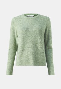 Hellgrüner gestrickter Pullover mit langen Ärmeln, Rundhalsausschnitt, strukturiertem Muster und gerippten Bündchen, der ein weiches, gemütliches Aussehen verleiht.