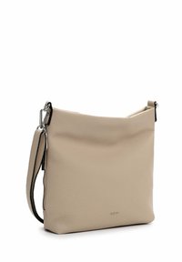 Beige leather shoulder bag with a textured finish, featuring a short strap and silver hardware, minimalistic design, and a top opening.