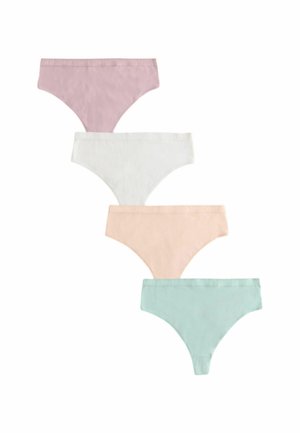 Vier paar vrouwen katoen onderbroeken in roze, wit, perzik en mintgroen. Elk heeft een zachte tailleband en een klassiek onderbroekenontwerp.
