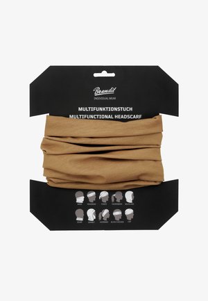 Mångsidig huvudduk i en solid beige färg, tillverkad av mjukt tyg, visad med mångsidiga stylingalternativ mot en svart förpackningsbakgrund.