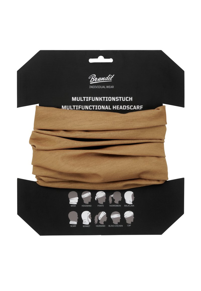M multifunctionele hoofddoek in een effen tan kleur, gemaakt van zachte stof, gepresenteerd met veelzijdige stijlinstructies tegen een zwarte verpakkingsachtergrond.