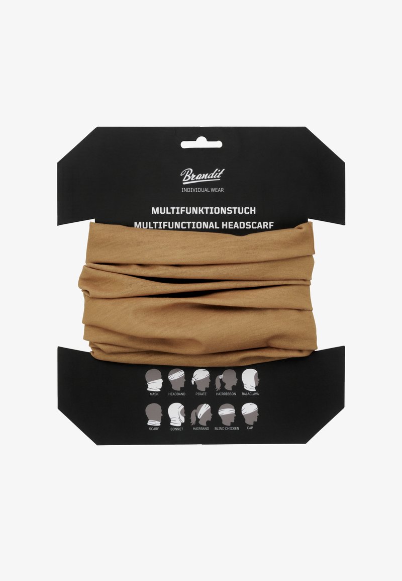 M multifunctionele hoofddoek in een effen tan kleur, gemaakt van zachte stof, gepresenteerd met veelzijdige stijlinstructies tegen een zwarte verpakkingsachtergrond.