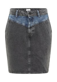 Dunkelblaue Jeansröhre mit einem helleren blauen Denimbund. Hat eine figurbetonte Form, einen Reißverschluss und einen vorderen Knopfverschluss. Saubere Kanten und minimale Nähte.