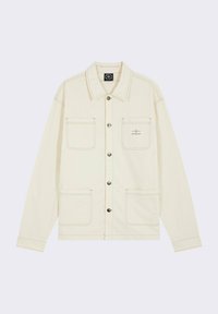 Giacca in canvas beige con colletto, maniche lunghe, due tasche sul petto e cuciture a contrasto. Include chiusura con bottoni e logo del marchio.