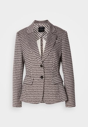 Patroon blazer in lichtbeige en donkerbruin tinten. Beschikt over een notch lapel, twee voortassen en zwarte knopen op een aansluitende silhoët.