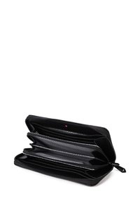 Black zippered wallet opens to reveal multiple slots, smooth inner lining with zigzag pattern, and a compact rectangular shape.