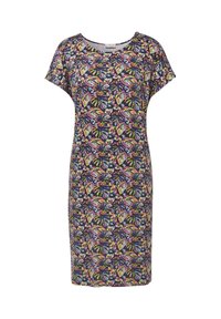 Kurzärmliges, knielanges Kleid aus weichem Stoff mit einem lebhaften, mehrfarbigen Blattmuster auf einem marineblauen Hintergrund.