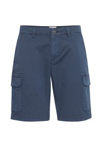 Marineblaue Cargo-Shorts aus leichtem Stoff mit zwei Seitentaschen, zwei Cargo-Taschen und einem Knopfverschluss, versehen mit gesteppten Details.