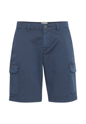 Tumesinine cargo-lühikesed püksid, mis on valmistatud kergest kangast, kahe küljetasku, kahe cargo-tasku ja nööbkinnitusega, millel on õmblustooted.