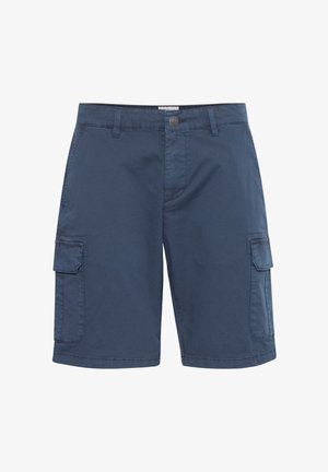 Námornícke modré cargo šortky vyrobené z ľahkej tkaniny s dvoma bočnými vreckami, dvoma cargo vreckami a gombíkovým zapínaním, s prešívanými detailmi.