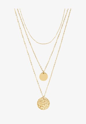 Naszyjnik w odcieniu złota z trzema łańcuszkami. Zawiera gładki, okrągły wisiorek oraz okrągły wisiorek z młotkowaną powierzchnią.