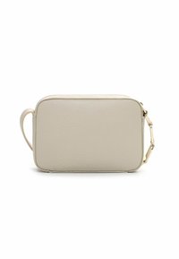Borsa in pelle beige chiaro con forma rettangolare, superficie testurizzata e accessori in metallo dorato. Presenta un manico laterale.