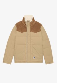 Chaqueta acolchada color beige claro con un yugo de pana marrón, cuello alto y forro de borrego. Presenta cierres a presión y bolsillos laterales.