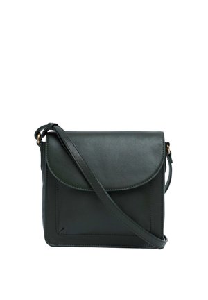 Sac bandoulière en cuir vert foncé avec rabat et sangle réglable, présenté sur fond blanc.