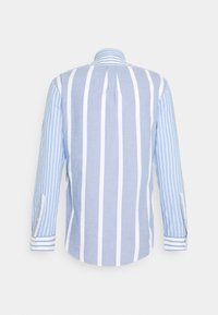 Camicia a bottoni a righe in azzurro chiaro e bianco. Presenta righe verticali, un collo standard e maniche lunghe con bottoni ai polsini.