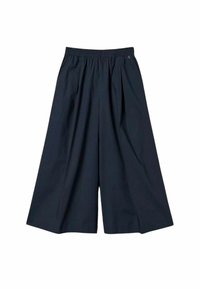 Culotte a gamba larga blu navy con frontale plissettato, vita elasticizzata e texture liscia, realizzate in tessuto leggero. Nessuna tasca visibile.
