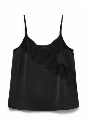 Camisole nera in tessuto liscio con rifinitura in pizzo su un lato. Presenta spalline sottili regolabili e orlo dritto. Senza tasche.