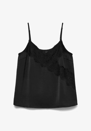 Črna camisola iz gladkega blaga z čipkastim robom na eni strani. Ima tanke nastavljive naramnice in raven rob. Brez žepov.